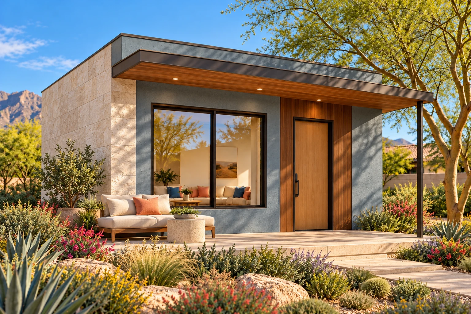 The Nook casita with blue-gray plaster, a limestone side wall, cedar-lined bronze porch canopy and flowering desert garden.