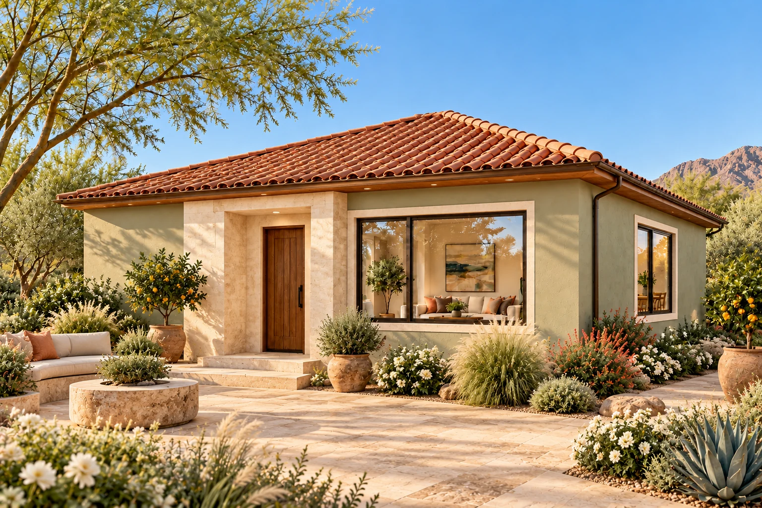 The Orchard arrival exterior concept with celery, travertine & copper finishes and an inviting landscaped outdoor terrace