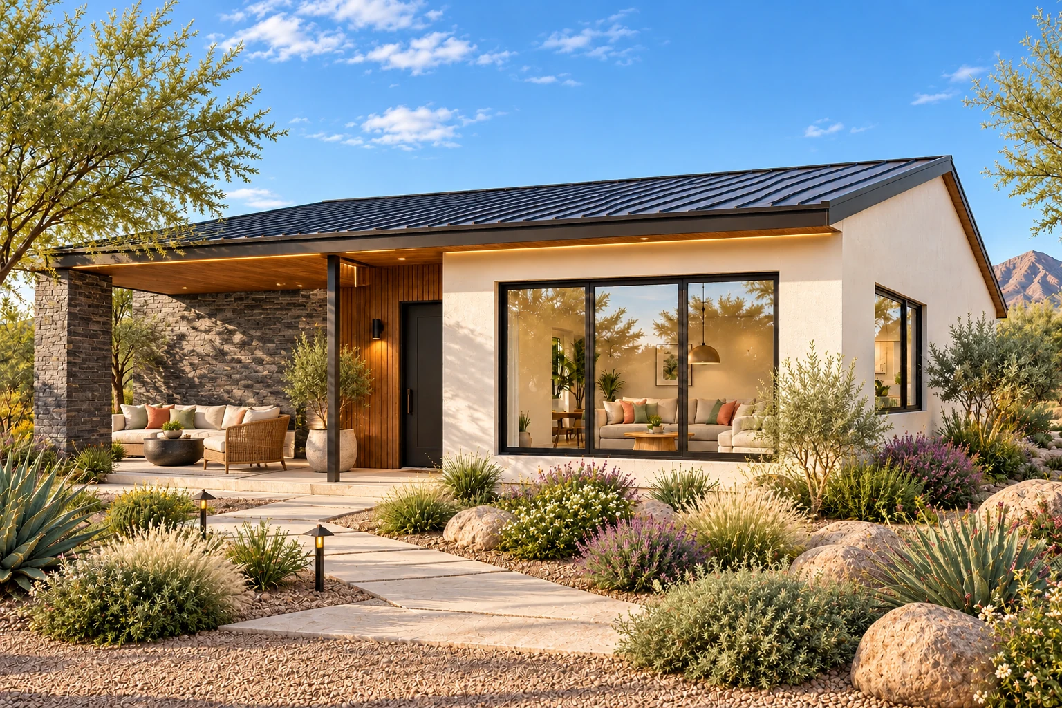 The Passage arrival exterior concept in warm white, basalt & walnut with architectural stone fields and an inviting open-air garden terrace