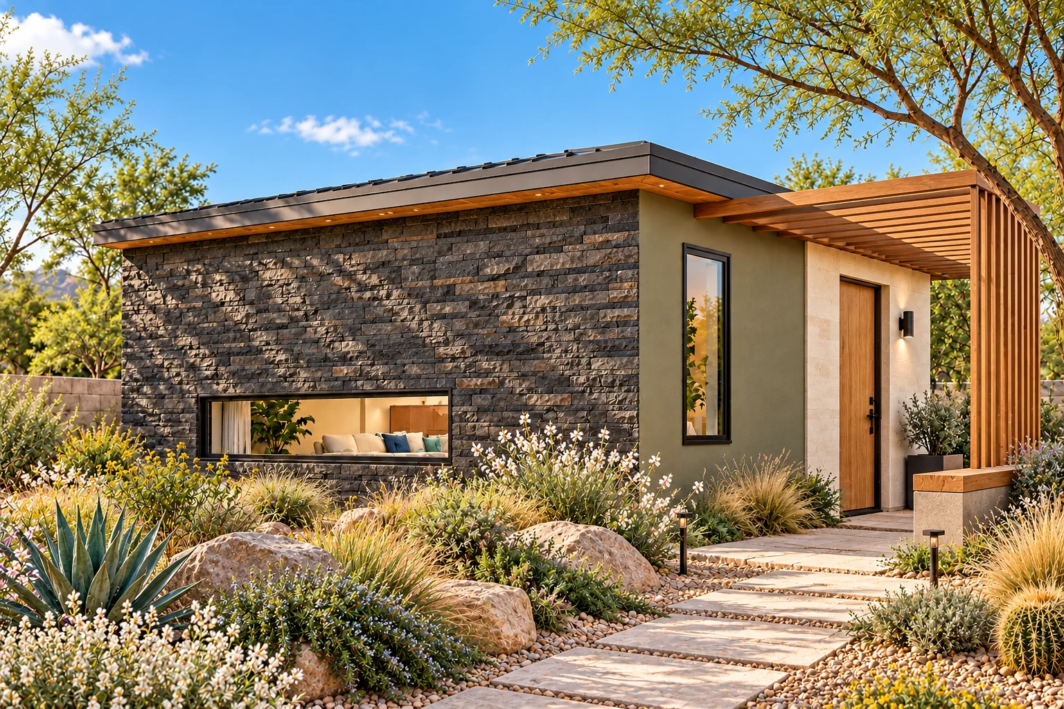The Pause with an olive entry wall, dark layered stone, crisp metal roof and an open timber-screened arrival terrace.