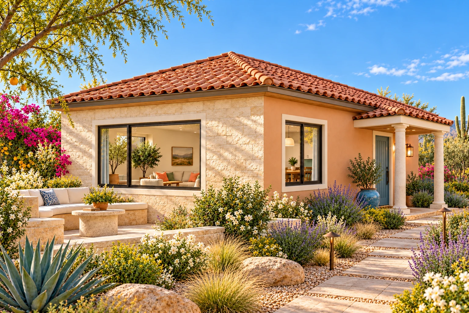 The Pocket Garden with apricot plaster, a pale stone living-room wall, an azure entry and a light columned garden portico.