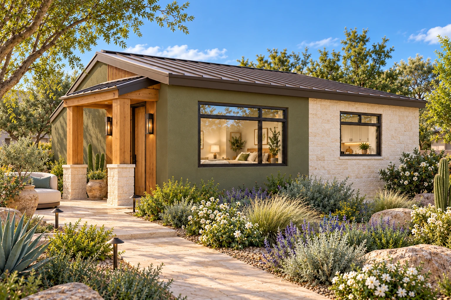 The Portico with deep olive plaster, a cream limestone window bay and a honey timber entrance framed by flowering desert planting.