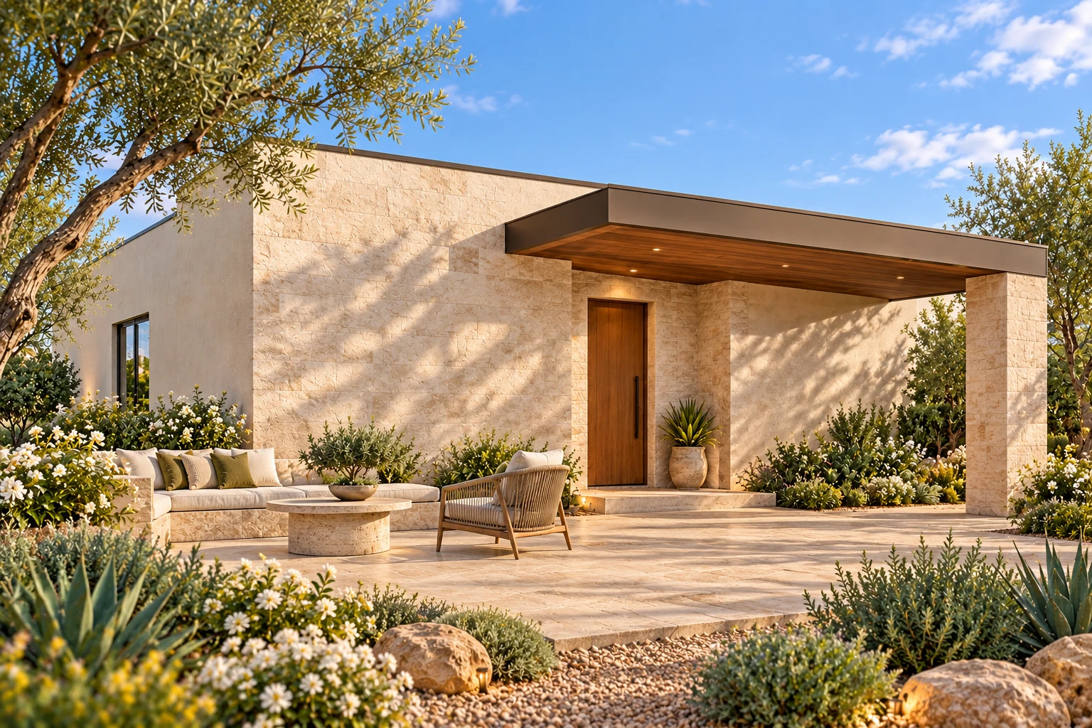 The Portola arrival exterior concept with oyster, walnut & rose stone architecture and a refined landscaped outdoor room