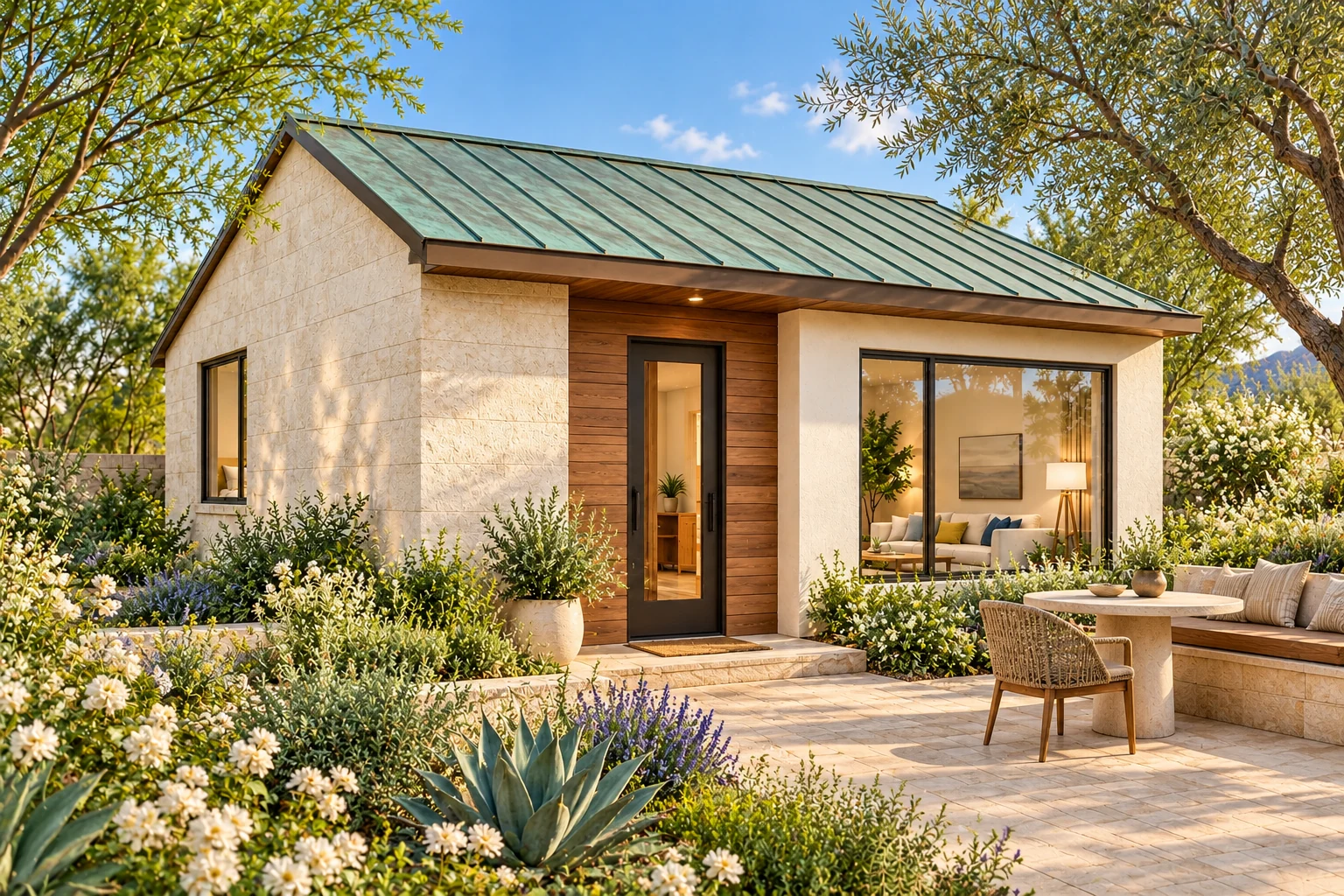 The Promenade with a verdigris standing-seam roof, pale limestone gable, walnut entry bay and a refined garden terrace.