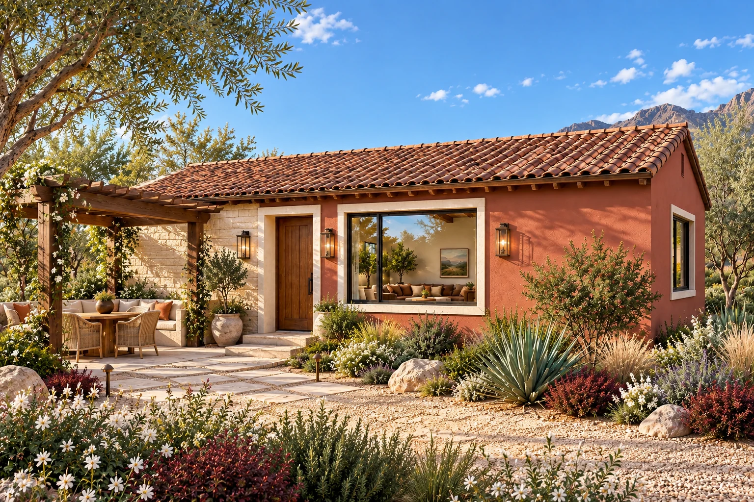 The Residence with terracotta plaster, limestone entry walls and a walnut dining pergola surrounded by desert flowers.
