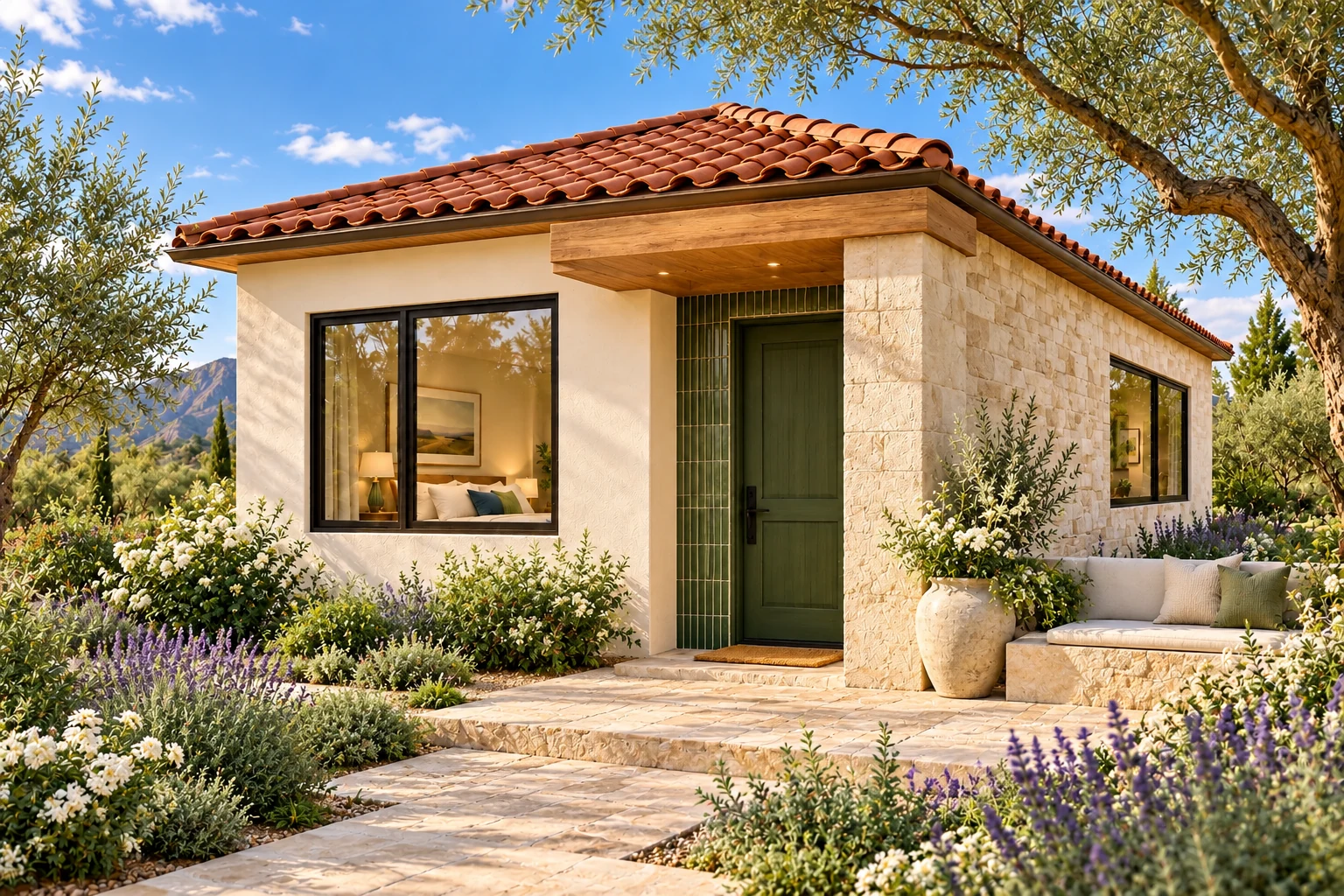 The Ribbon with ivory plaster, a limestone side wall, a deep-green entry panel and a carefully detailed oak portico beneath its clay tile hip roof.