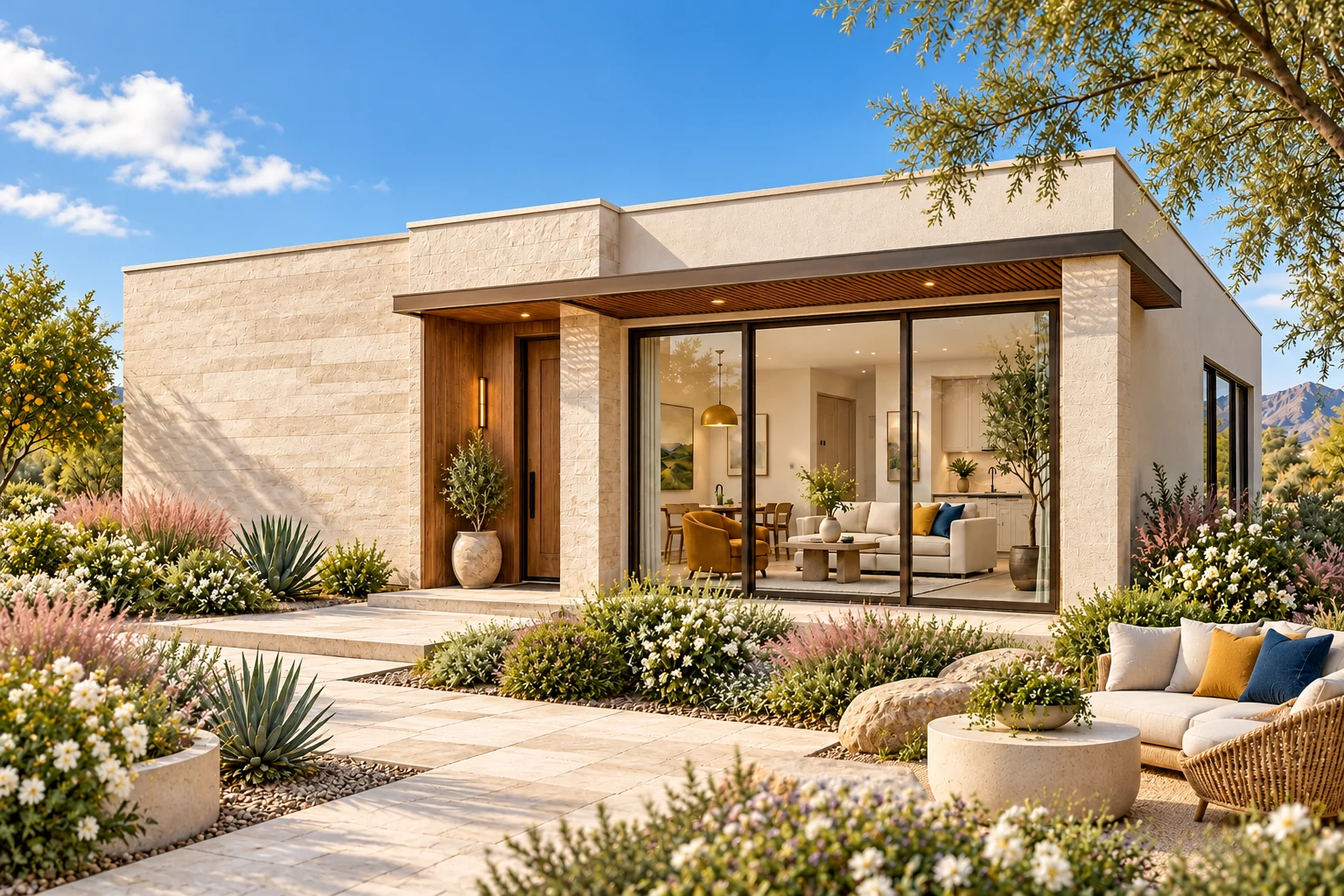 The Sanctuary arrival exterior concept in porcelain, limestone & walnut with architectural stone fields and an inviting open-air garden terrace