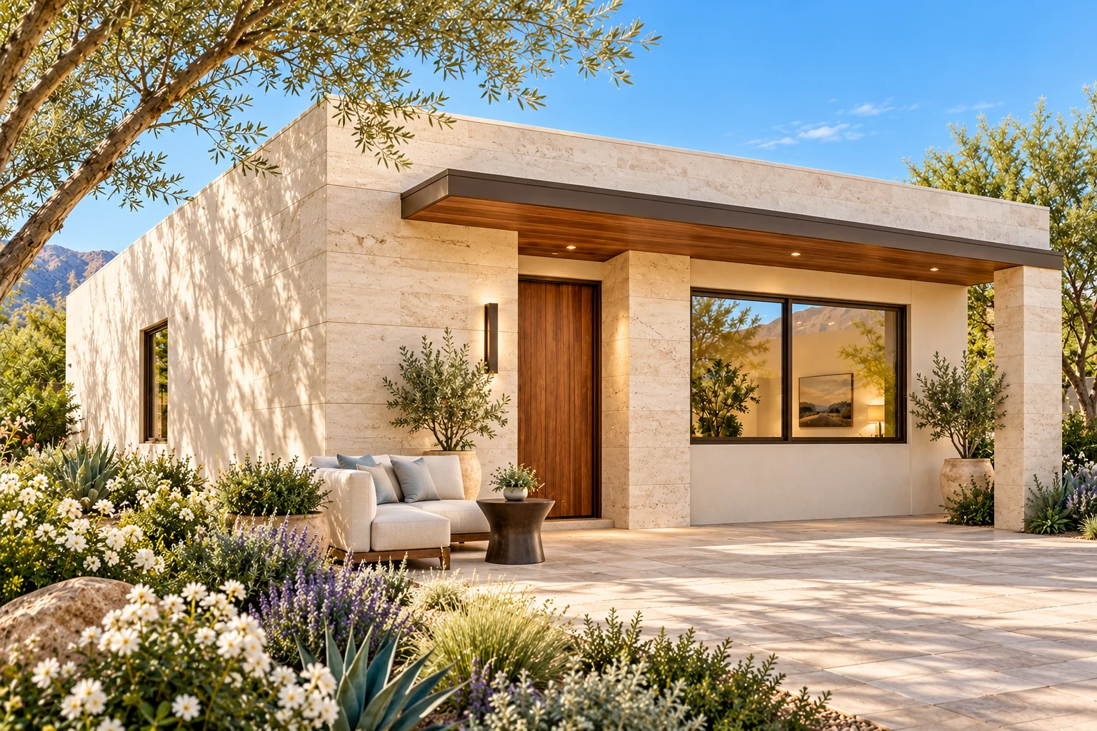 The Stillwater exterior concept with vein-cut travertine, alabaster plaster and a deep bronze canopy over a garden landing