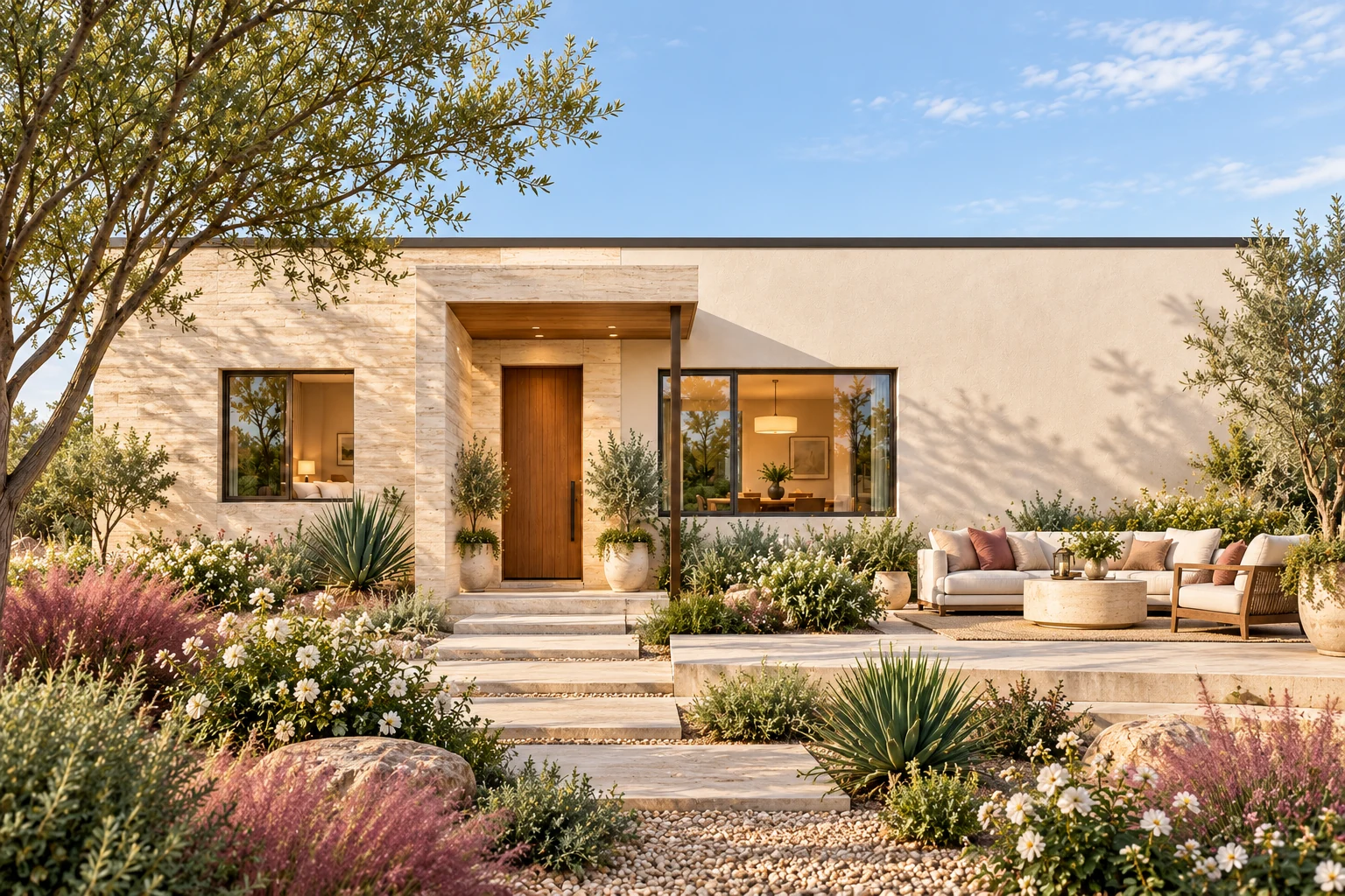 The Tapestry arrival exterior concept with pearl, travertine & bronze finishes, refined stone terrace and flowering Arizona landscape