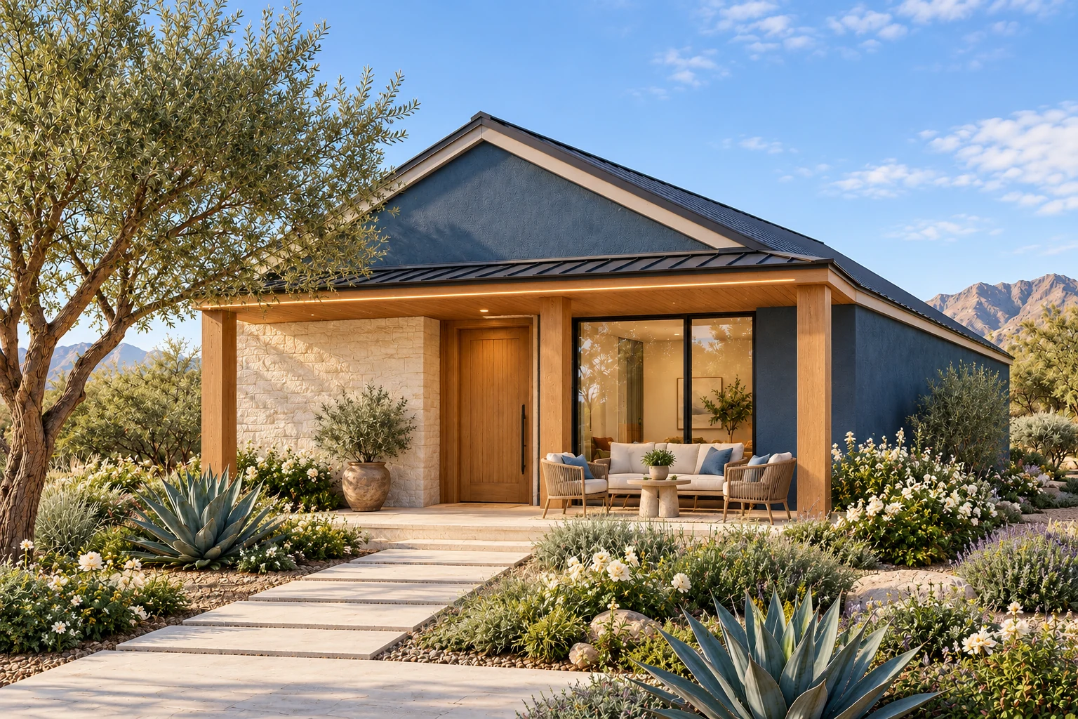 The Welcome arrival exterior concept with mineral blue, limestone & oak finishes, refined stone terrace and flowering Arizona landscape